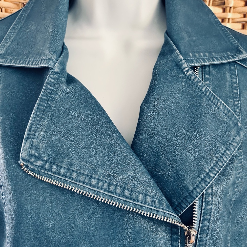 CLEO Blue Vegan Leather Moto Cut Jacket S - Picture 4 of 11